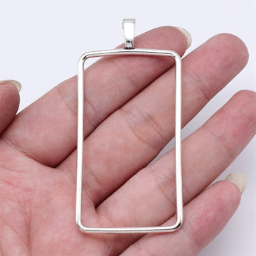 Large Rectangle Open Frame Pendant in Silver Tone Metal
