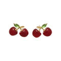 Glossy Red Cherry Stud Earrings with Small Green Leaves view 5