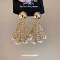 Pleated Fan Drop Earrings With Open Gold Tone Metalwork view 1