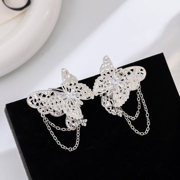 Silver Filigree Butterfly Ear Clips Chain Tassel Cuffs