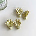 Sage Green Metallic Flower Pearl Drop Stud Earrings view 4