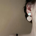 White Square and Marbled Disc Drop Stud Earrings With Metal Details view 4