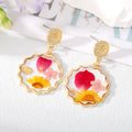 Gold Tone Scalloped Clear Resin Pressed Flower Drop Earrings view 2