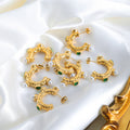 Gold Textured C Hoop Earrings Pearl Green Stone Accents view 2