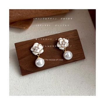 White Enamel Camellia Center Zircon Pearl Drop Stud Earrings