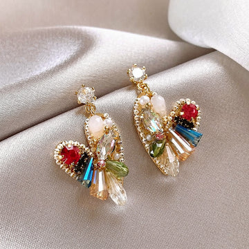 Rainbow Crystal Heart Stud Earrings with Gold Tone Frames
