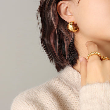 Chunky Smooth C-Shaped Metal Hoop Stud Earrings Gold Steel