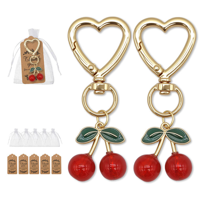 Red Cherry Enamel Heart Clasp Keychain Green Leaf Gold