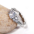 Round Clear Solitaire Floral Side-Cluster Ring Silver Tone view 2
