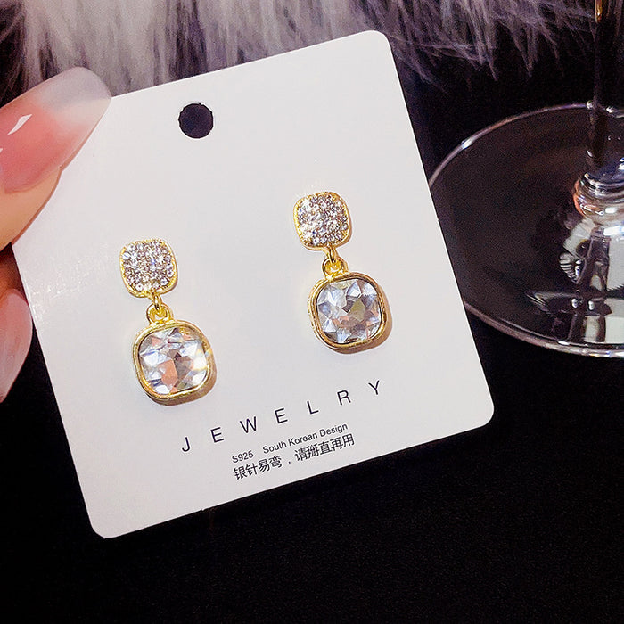 Gold Square Crystal Drop Earrings with Pave Stud Tops