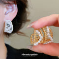 Open C Shape Pearl Stud Earrings in Silver or Gold Tone view 1
