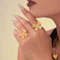Brushed Gold Clover Heart Necklace Earrings Ring Set Pieces view 3