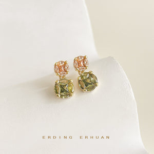 Gold Peach Olive CZ Double Drop Stud Earrings Coin Shape