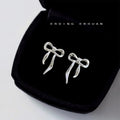 Silver Textured Ribbon Bow Stud Earrings Long Tail Pair view 3