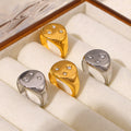 Stainless Steel Star Signet Ring Three Czech Diamonds Oval view 3