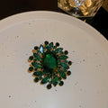Dark Green Crystal Floral Burst Brooch With Oval Center Stone view 6