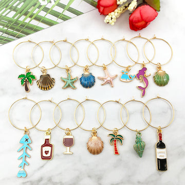 Gold Tone Wine Glass Charm Rings with Mixed Miniature Pendants