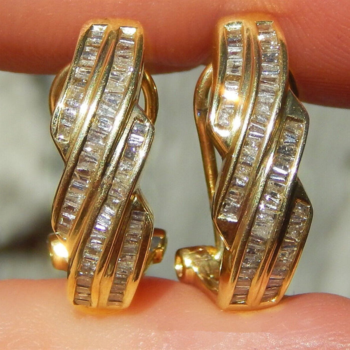 Gold Tone Twisted Baguette Stone Huggie Hoop Earrings