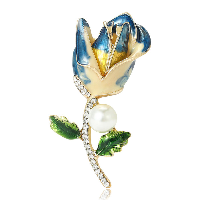 Enamel Rose Pearl Brooch Rhinestone Stem Blue or Pink Styles