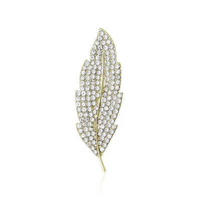 Slim Pavé Crystal Leaf Brooch In Silver Or Gold Tone front view on a light background