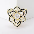 Gold Camellia Flower Brooch Clear Zircon Black Enamel view 1