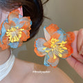 Blue Orange and Yellow Chiffon Flower Stud Earrings view 1
