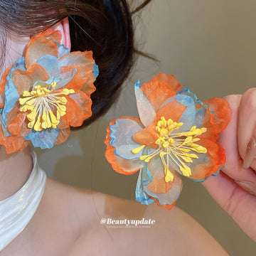 Blue Orange and Yellow Chiffon Flower Stud Earrings
