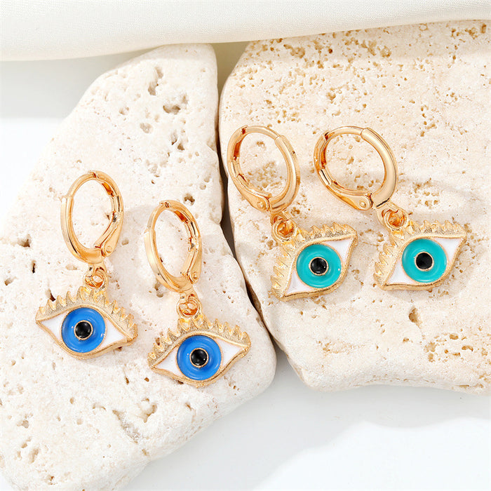 Gold Tone Enamel Evil Eye Huggie Drop Earrings in Two Colors