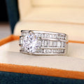 White Gold Round Center Three Row Baguette Band Ring 925 view 4