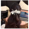 Satin Polka Dot Bow Banana Hair Clip Rhinestone Center view 4