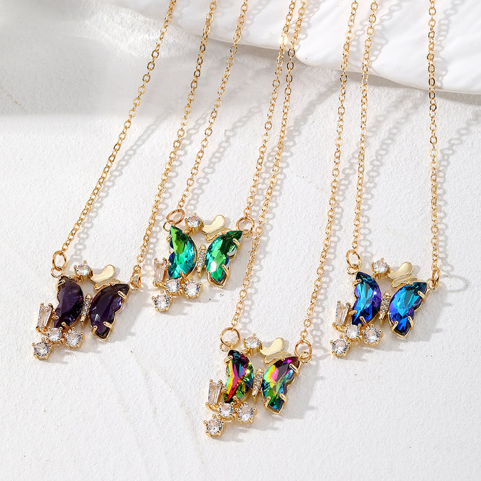 Gold Tone Crystal Butterfly Pendant Necklaces 4 Colors