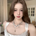 Layered Silver Tone Pearl Statement Necklace with Teardrop view 2