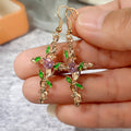 Green Leaf Vine Crystal Drop Earrings in Polished Metal view 2