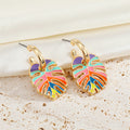 Gold Tone Multicolor Enamel Tropical Leaf Hoop Earrings in Two Shapes view 2