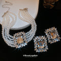 Clear Rectangle Crystal Halo Earrings And Five Row Pearl Like Necklace view 2