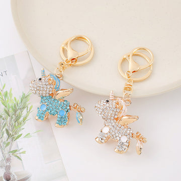 Rhinestone Winged Unicorn Keychain Gold Clasp Blue White