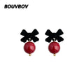 Black Flocked Bow Burgundy Ball Drop Stud Earrings Pair view 4
