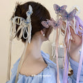 Khaki Butterfly Pearl Ribbon Tassel Acrylic Hair Claw Clip view 2