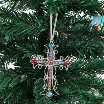 Silver Filigree Rhinestone Cross Metal Hanging Ornament