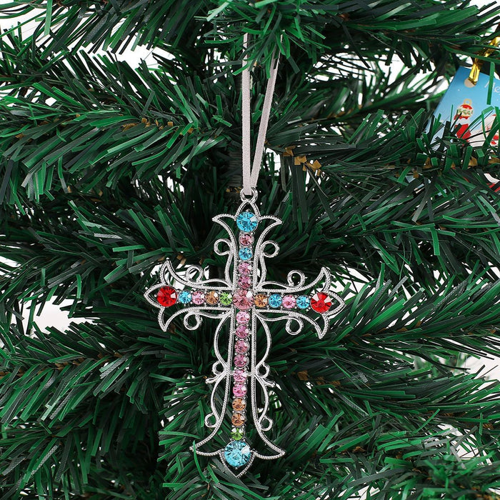 Silver Filigree Rhinestone Cross Metal Hanging Ornament