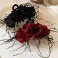 Fabric Petal Flower Hair Claw With Black Feather Fringe In Red Or Black view 3