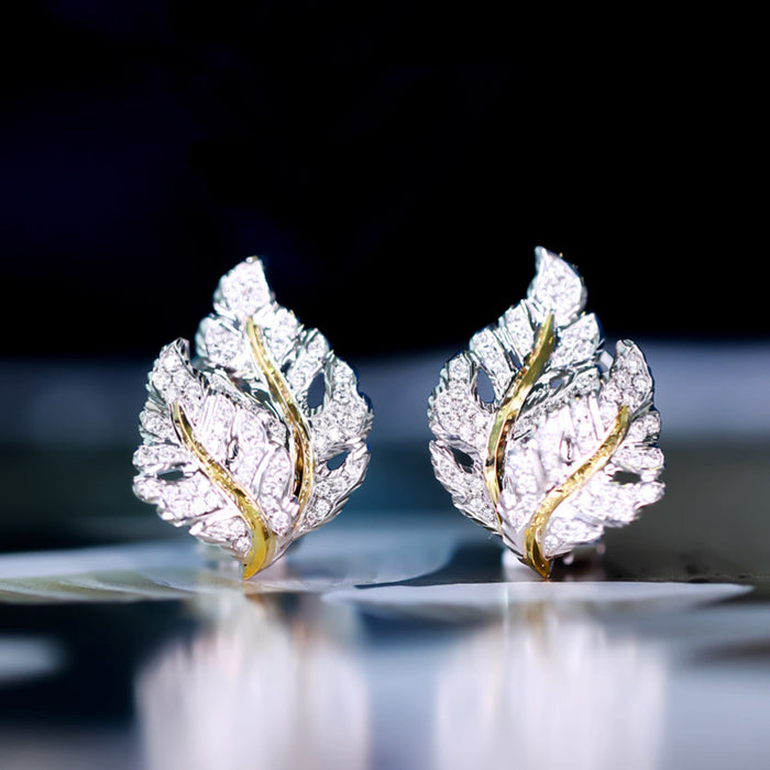 Two Tone Crystal Leaf Huggie Earrings Fashion Jewelry