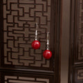 Deep Red Round Bead Silver Tone Dangle Hook Earrings view 4