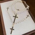 Layered Pearl Necklaces With Crystal Cross Pendants view 7