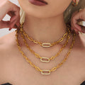 Stainless Paperclip Chain Necklace Bracelet Pave Oval Zircon view 4