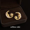 Gold Tone White Pearl Crescent And Color Starburst Stud Earrings view 4