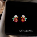 White Pearl Like Top Red Flower Green Leaf Stud Earrings view 1