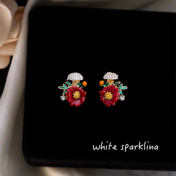 White Pearl Like Top Red Flower Green Leaf Stud Earrings
