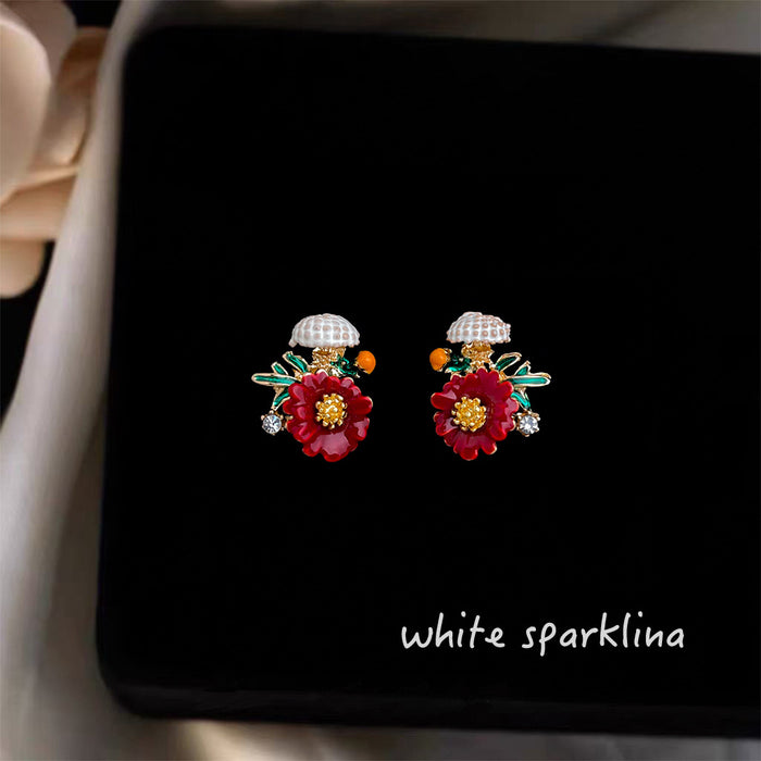 White Pearl Like Top Red Flower Green Leaf Stud Earrings