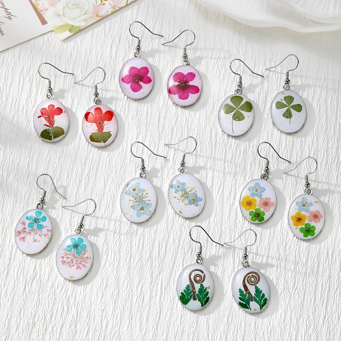 Silver Tone Oval Pressed Flower Drop Earrings in Seven Designs